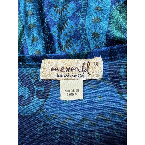 One World Top Womens 1X Blue Green Paisley Velour Tunic Boho Hippie Stretch - Picture 6 of 10